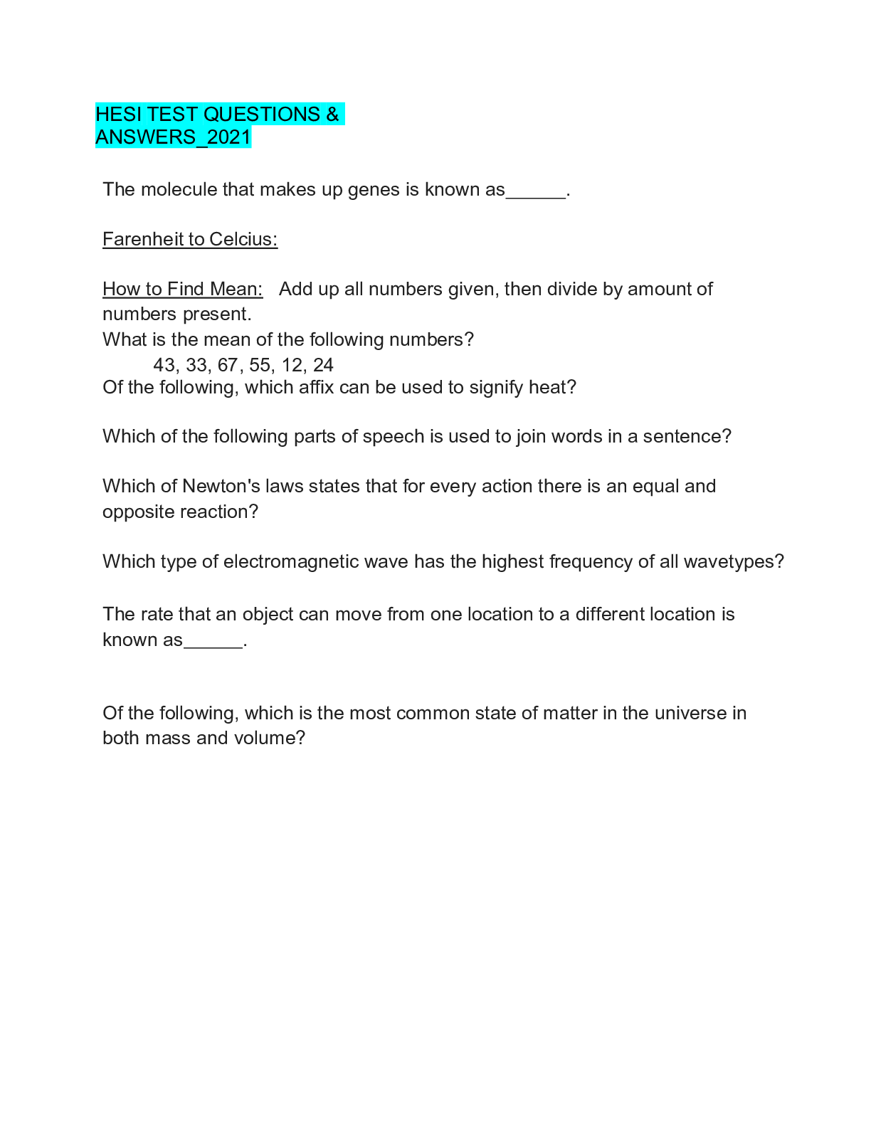 Preview image for HESI TEST QUESTIONS & ANSWERS_2021